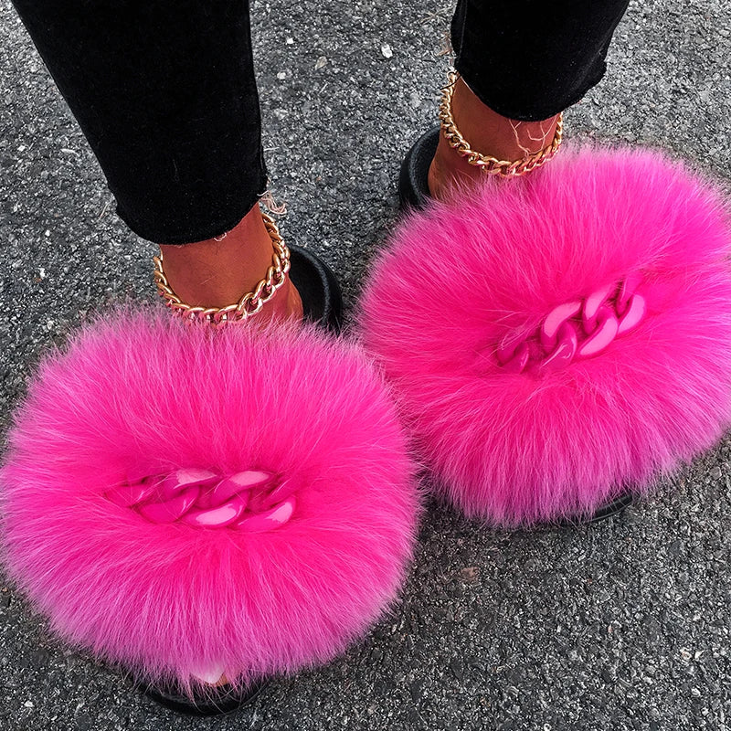 Women’s Fluffy Fox Fur Chain Slides