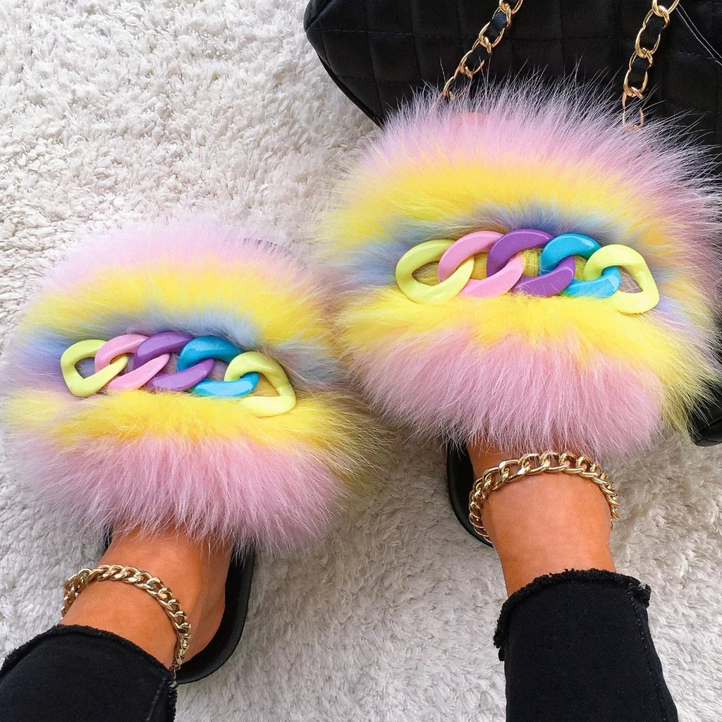 Women’s Fluffy Fox Fur Chain Slides