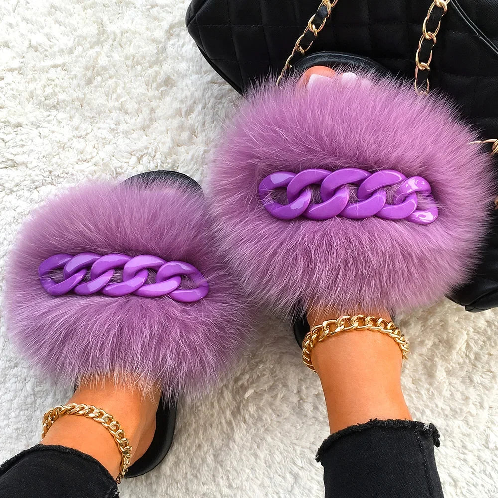 Women’s Fluffy Fox Fur Chain Slides