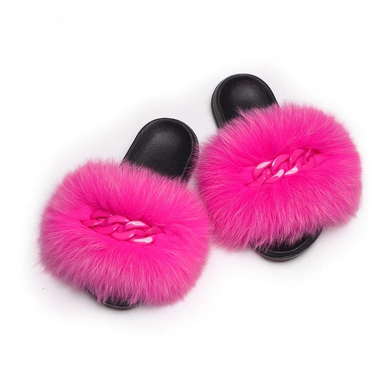 Women’s Fluffy Fox Fur Chain Slides