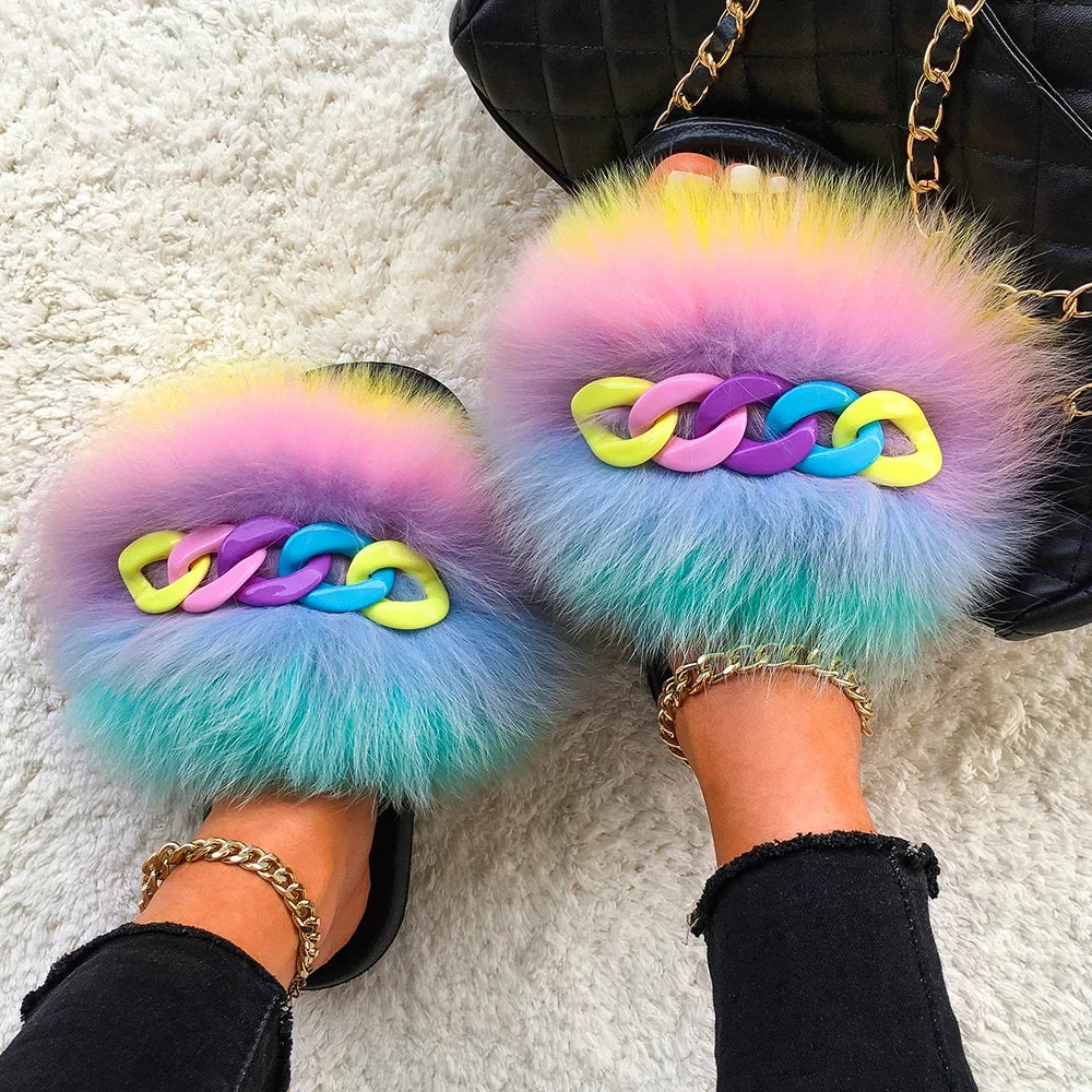 Women’s Fluffy Fox Fur Chain Slides