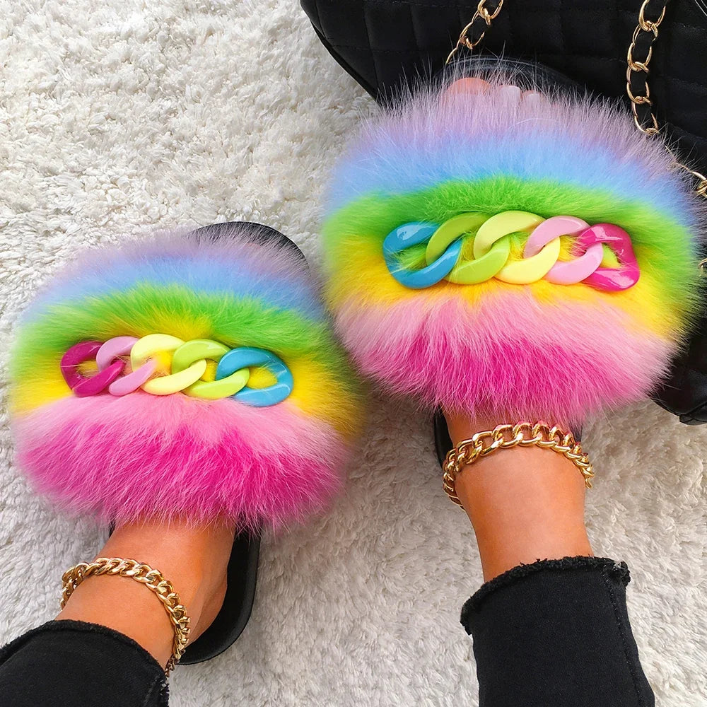 Women’s Fluffy Fox Fur Chain Slides