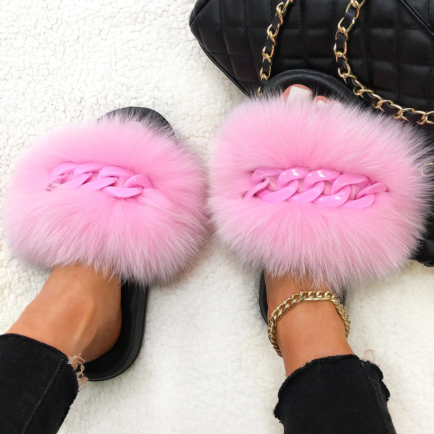 Women’s Fluffy Fox Fur Chain Slides