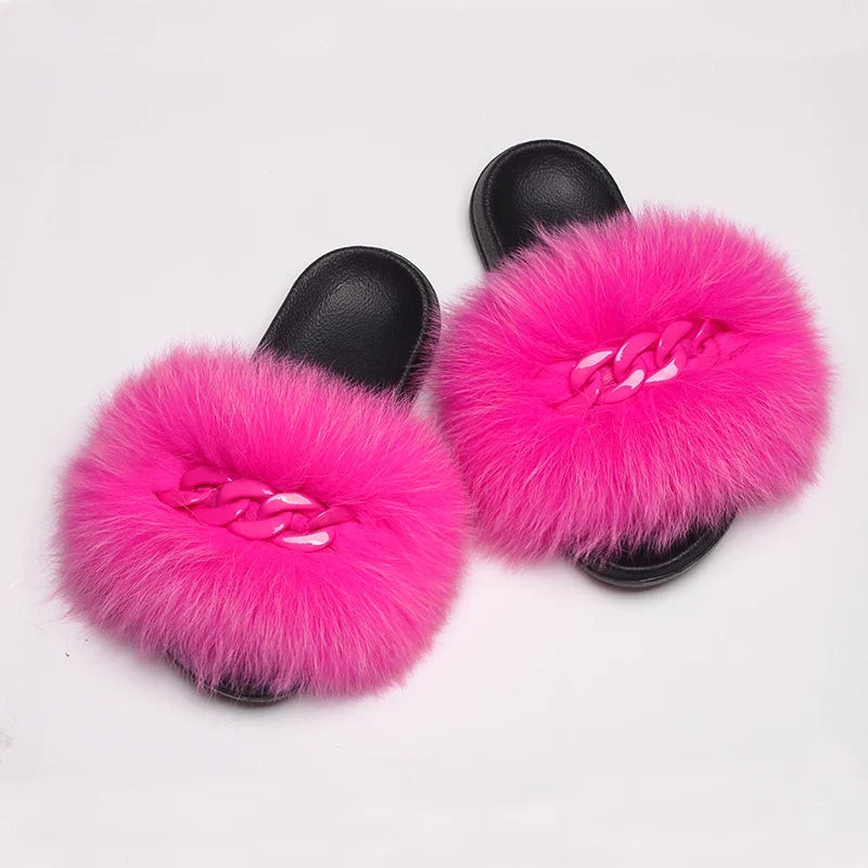 Women’s Fluffy Fox Fur Chain Slides
