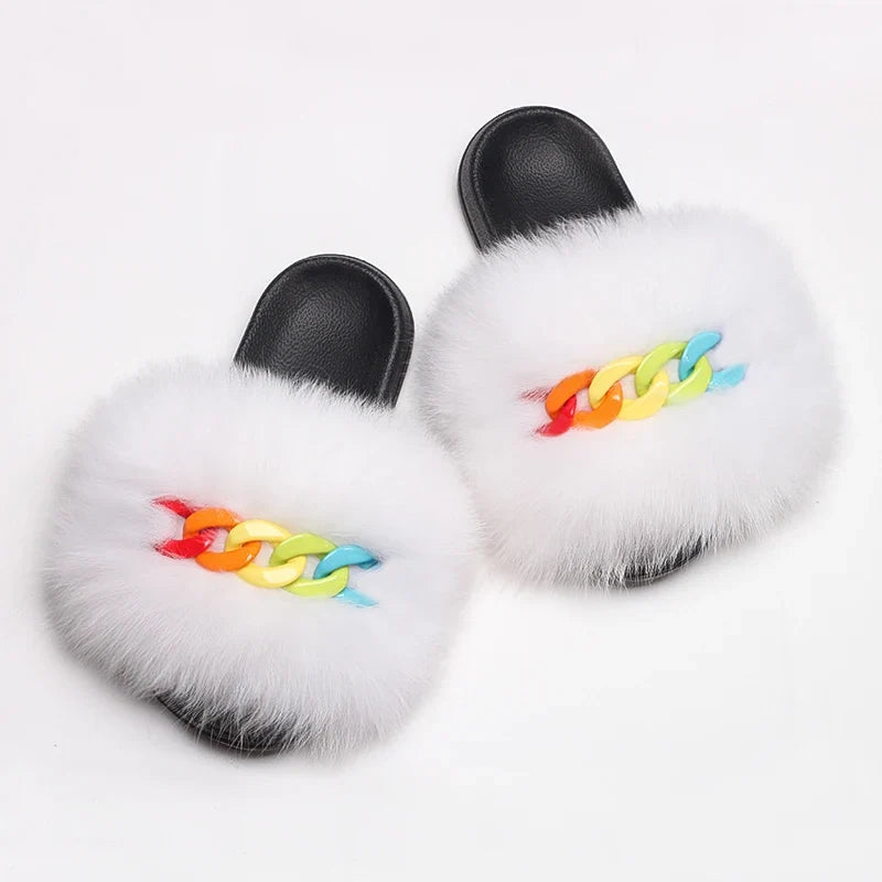 Women’s Fluffy Fox Fur Chain Slides