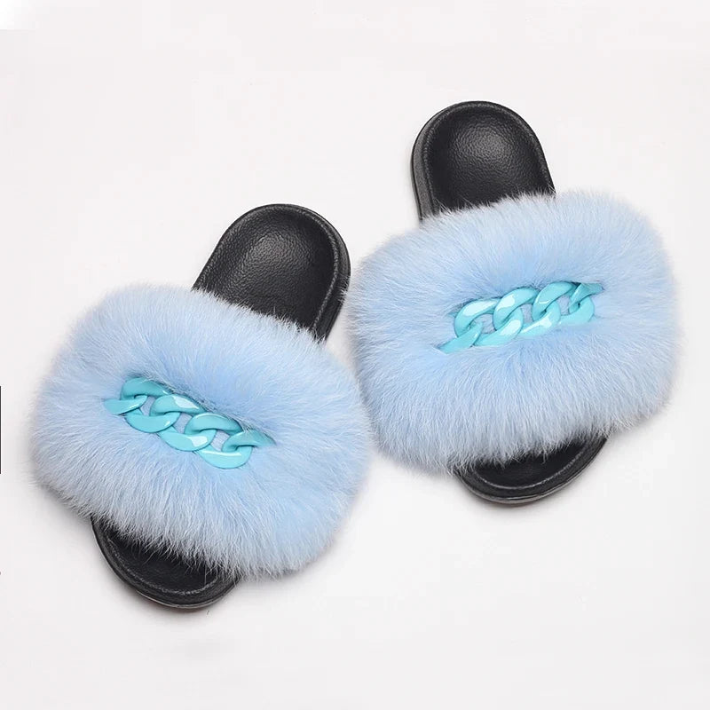 Women’s Fluffy Fox Fur Chain Slides