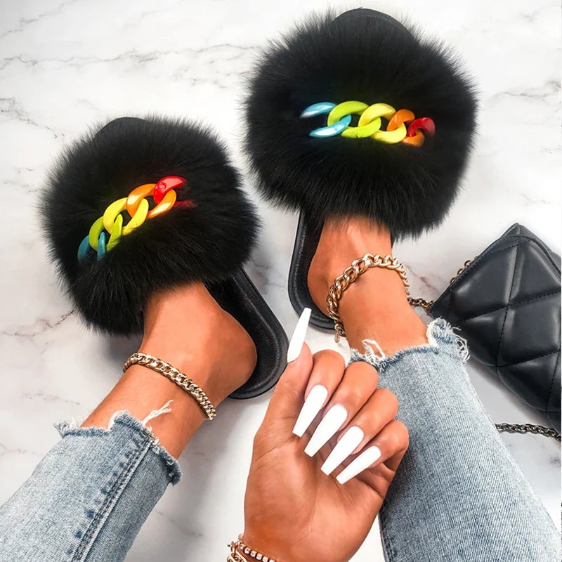 Women’s Fluffy Fox Fur Chain Slides