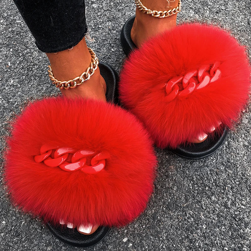 Women’s Fluffy Fox Fur Chain Slides