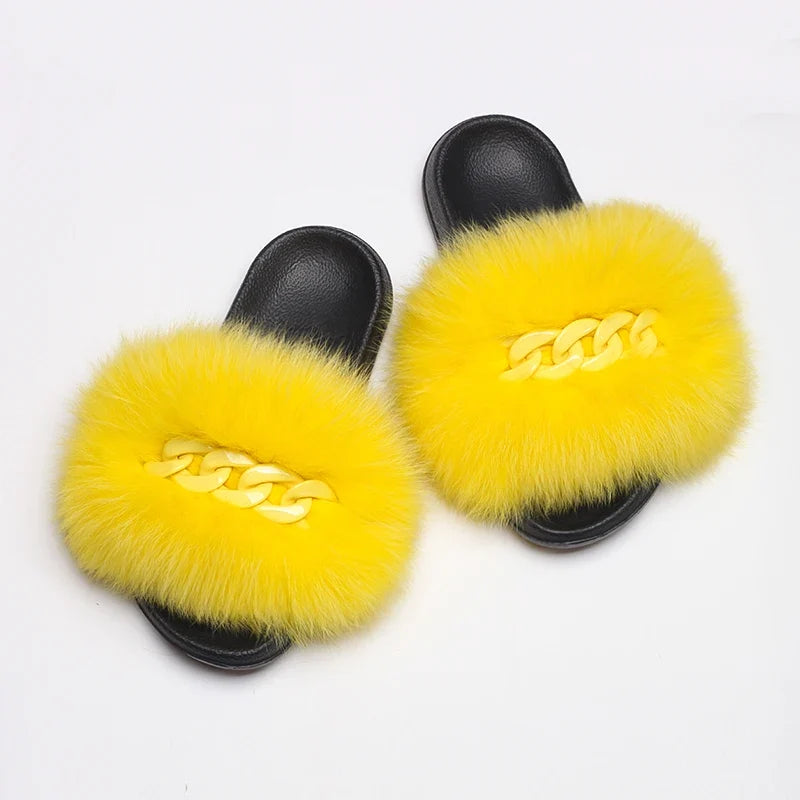 Women’s Fluffy Fox Fur Chain Slides