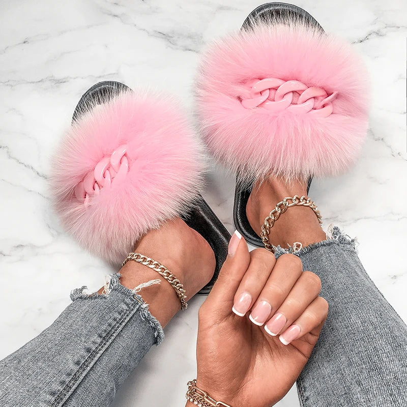 Women’s Fluffy Fox Fur Chain Slides