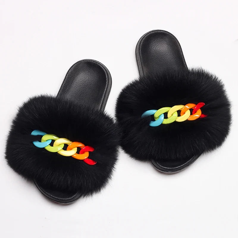 Women’s Fluffy Fox Fur Chain Slides