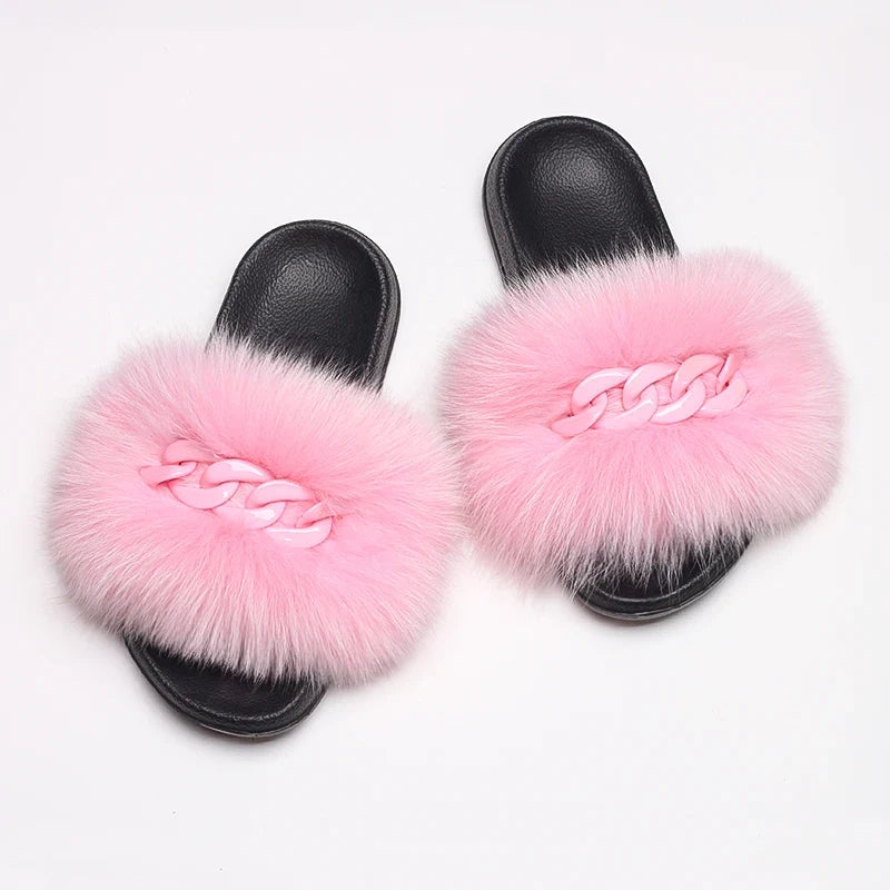 Women’s Fluffy Fox Fur Chain Slides
