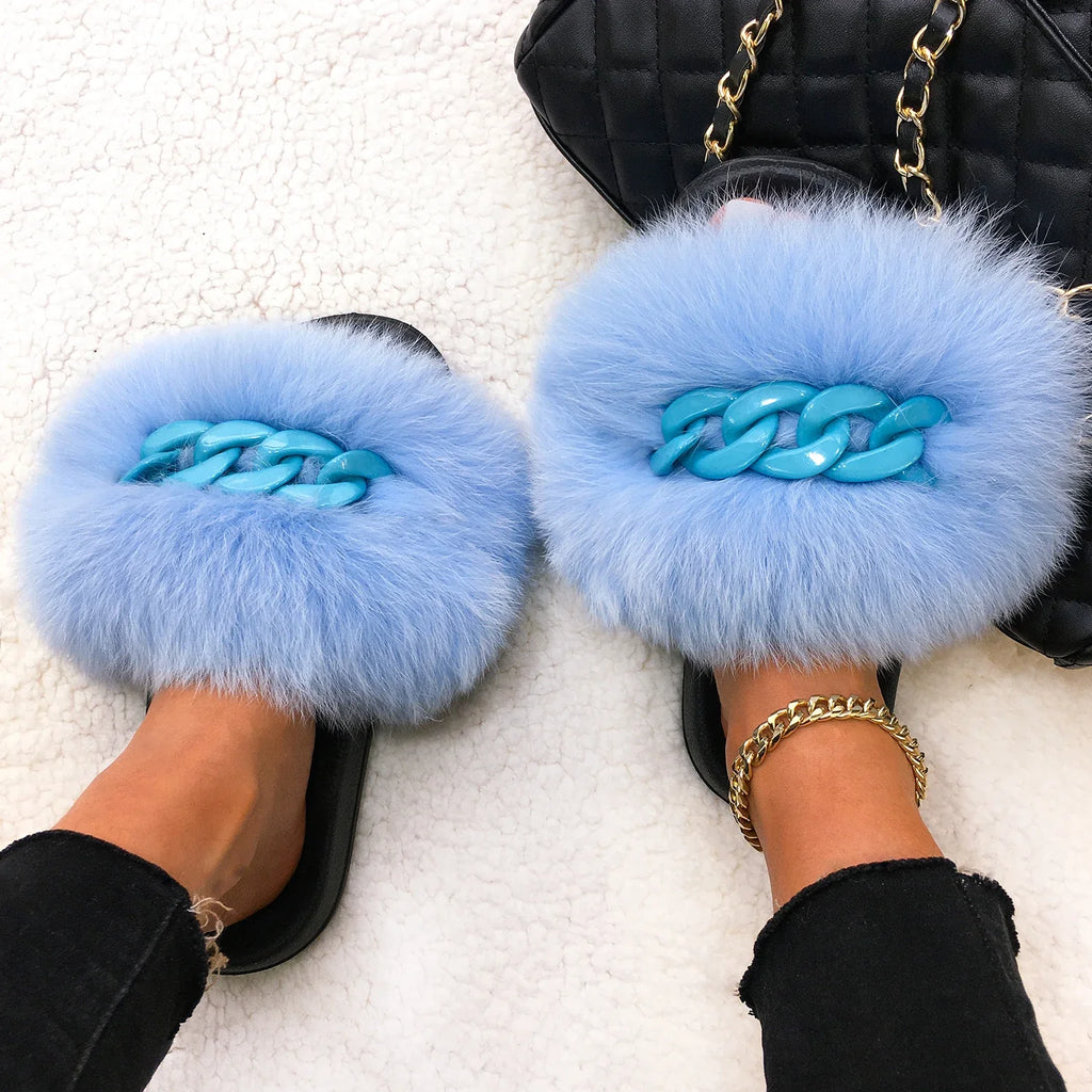 Women’s Fluffy Fox Fur Chain Slides