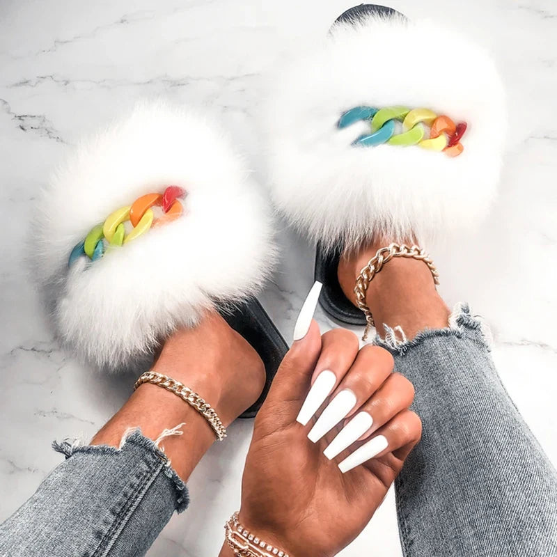 Women’s Fluffy Fox Fur Chain Slides